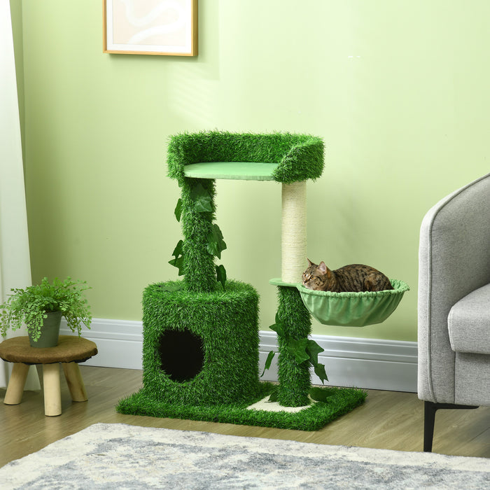 Multi-Tier Cat Climbing Tower with Lush Green Leaves - Indoor Cat Tree with Sisal Scratching Posts, Perch Hammock, and Cozy Condo - Ideal for Playful Cats and Kittens to Climb, Scratch & Relax