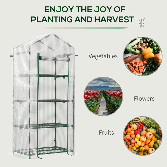 4 Tier Mini Greenhouse with Steel Frame - Portable PE Covered Garden Hot House with Roll-up Door - Ideal for Small Space Gardening & Seed Starting