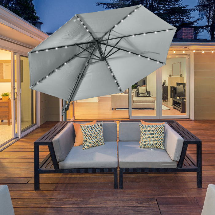 Cantilever Roma 3m Umbrella - LED Solar-Lit Patio Sunshade with Cross Base, 360° Rotation - Ideal for Outdoor Relaxation and Nighttime Ambiance