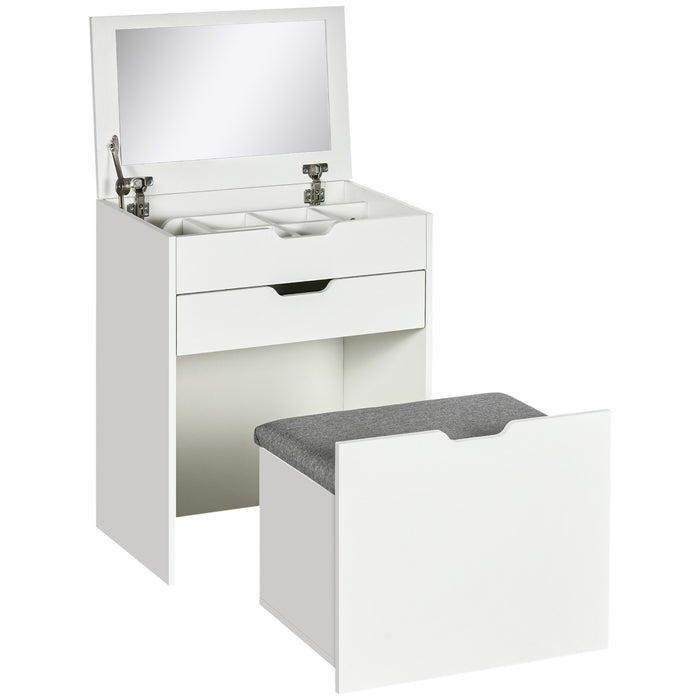 Vanity Table Set with Flip Mirror and Stool - Elegant White Dressing Table with Drawer and Concealed Storage - Perfect for Bedroom and Living Space Organization