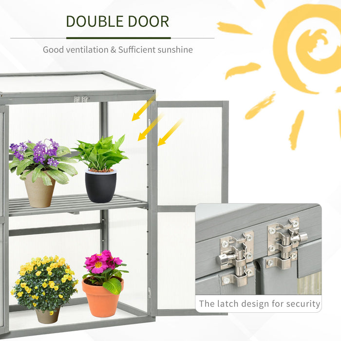 Wooden Cold Frame Greenhouse - Polycarbonate Grow House with Adjustable Shelf and Double Doors, 76x47x110 cm - Ideal for Garden Plant Protection and Growth