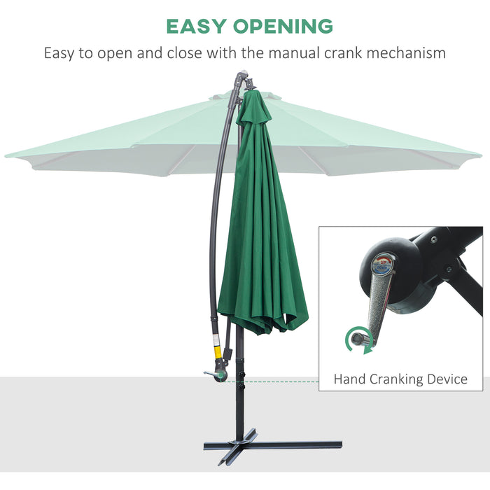 Garden Banana Parasol Umbrella with Crank Handle - 3m Hanging Cantilever Sun Shade, Green with Cross Base - Ideal for Outdoor Leisure and Patio Relaxation