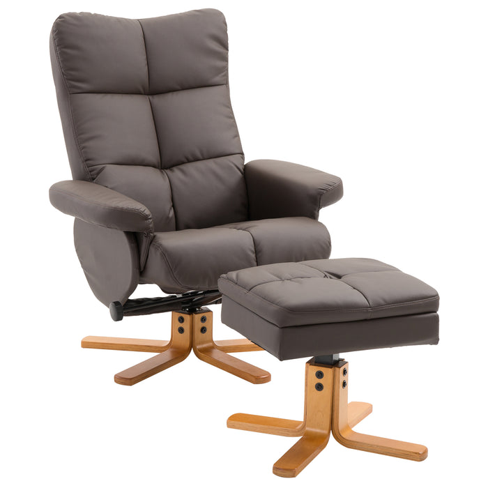 Luxury Faux Leather Recliner Chair with Swivel & Wooden Base - Brown Lounge Chair with Footstool and Storage - Perfect for Relaxing in the Living Room