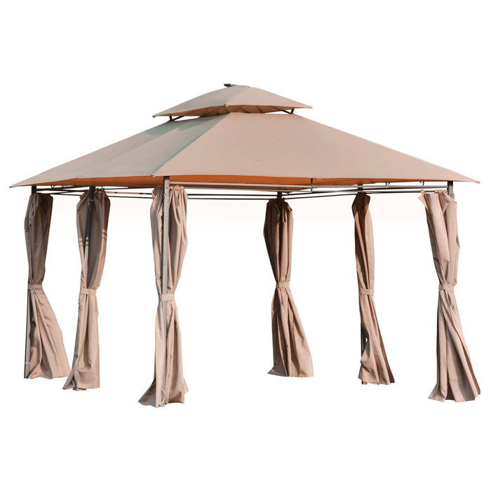 Outdoor Gazebo Canopy Party Tent - 4x3 Meter Pavilion with LED Solar Light, Double Tier Roof & Curtains - Ideal for Garden, Patio Entertainment & Shelter, Steel Frame, Khaki