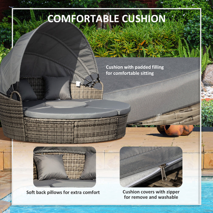 Rattan Outdoor Lounging Set - Cushioned Wicker Round Sofa Bed with Matching Coffee Table - Ideal for Patio Conversations and Relaxation in Grey