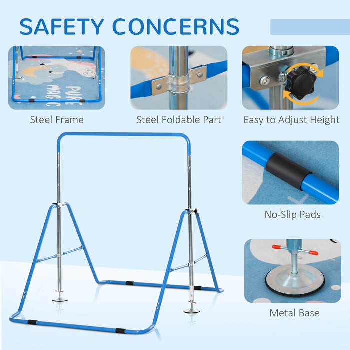 Kids' Gymnastics Training Bar - Foldable Horizontal Bars, Adjustable Height, Sturdy Triangle Base, Vibrant Blue - Perfect for Budding Gymnasts and Home Practice