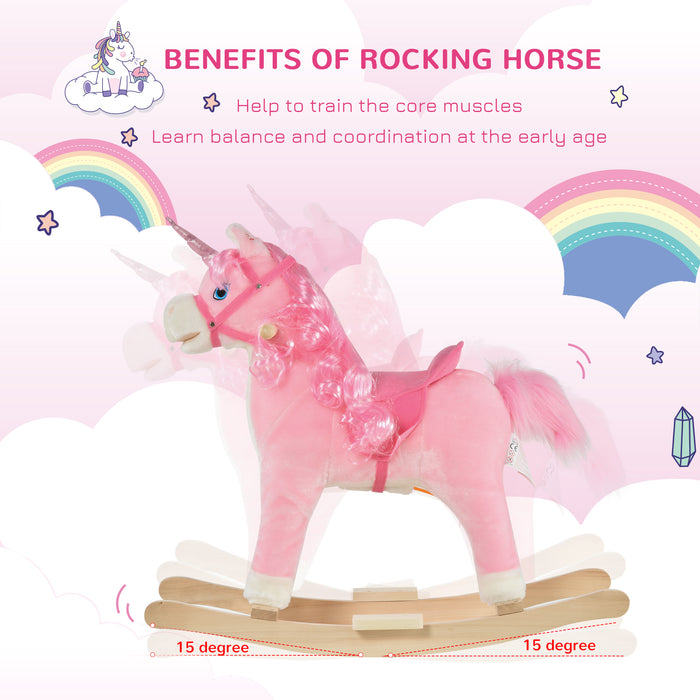 Plush Unicorn Rocking Horse - Soft Pink Ride-On Toy with Sound Effects - Entertaining and Soothing Play for Children