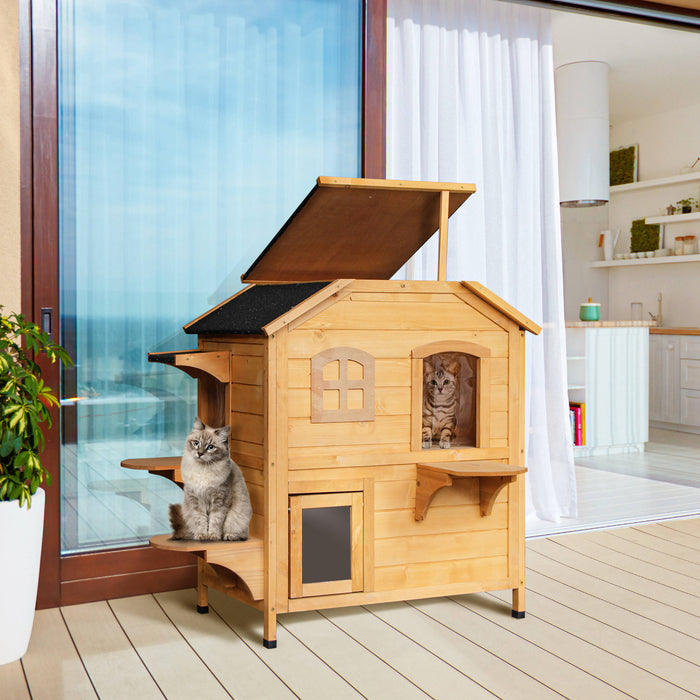 Cat Haven Wooden Cat House - 2-Level Condo & Cave Shelter for Pets - Outdoor Villa with Natural Wood Finish for Feline Comfort and Security