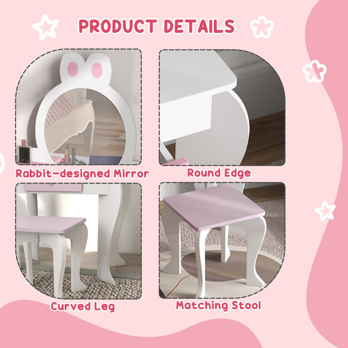 Bunny-Design Children's Vanity Set - Play Dressing Table with Mirror and Matching Stool, White and Pink - Perfect for Creative Play and Dress-Up Fun