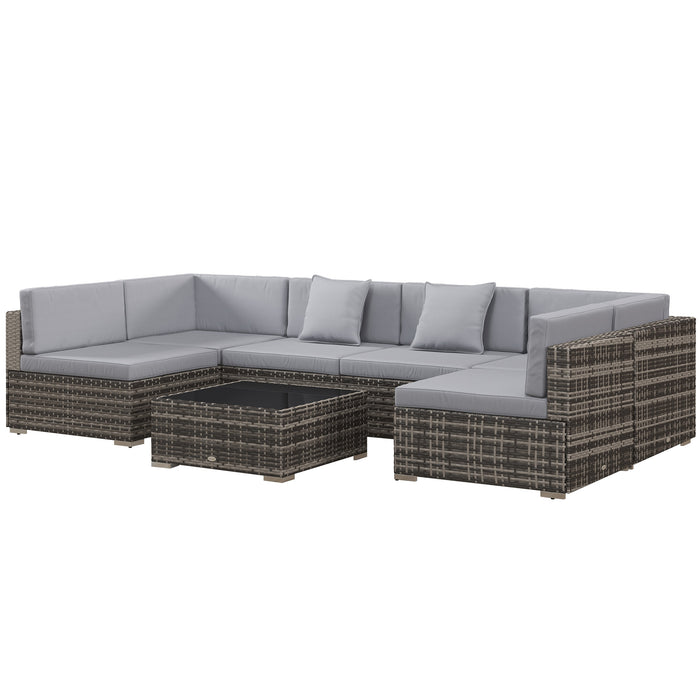 7-Piece PE Rattan Outdoor Lounge Set - Thick Padded Cushions, Glass Coffee Table, Patio Sofa Arrangement with Pillows, Mixed Grey - Ideal for Garden Entertaining and Relaxation