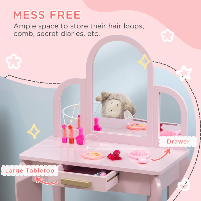 Kids Vanity Set with Stool and Mirror - Dressing Table with Drawer, Girls' Pink Makeup Desk - Perfect for 3-6 Year Old Children's Playtime and Creativity