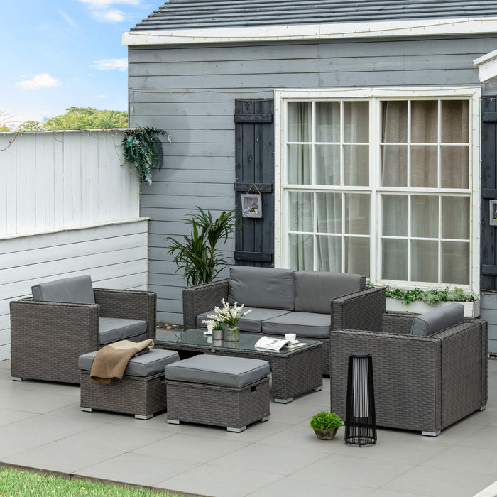 6PC Rattan Garden Sofa Set - Outdoor Patio Furniture with Table, Loveseat, Stools & Ottoman, Wicker Weave, Aluminium Frame - Perfect for Conservatory and Lounging, Grey