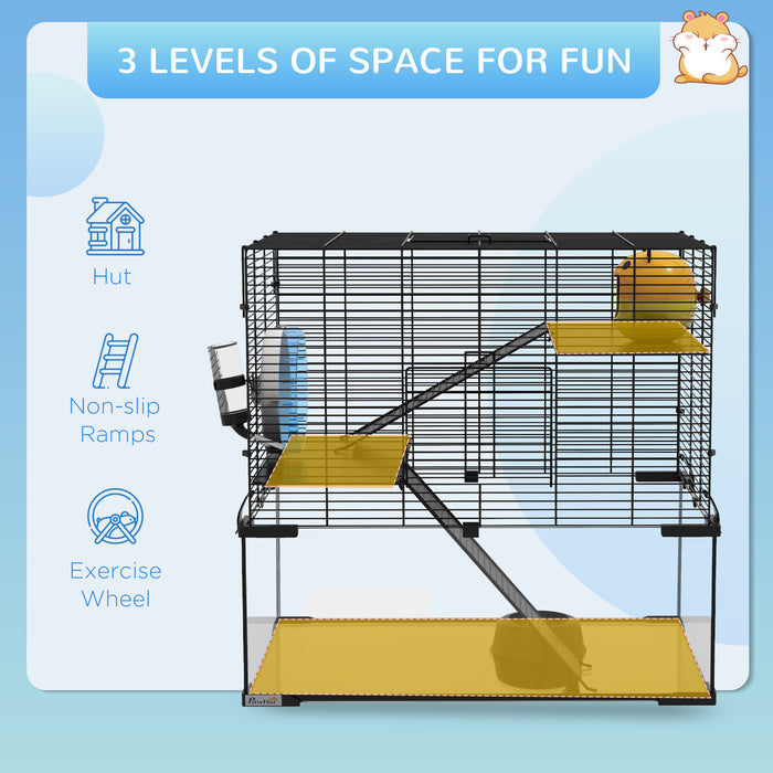 3-Tier Glass Bottom Hamster Habitat - Sturdy Cage with Non-Slip Ramps, Platforms, Hut, Exercise Wheel & Water Bottle - Ideal for Syrian & Dwarf Hamsters