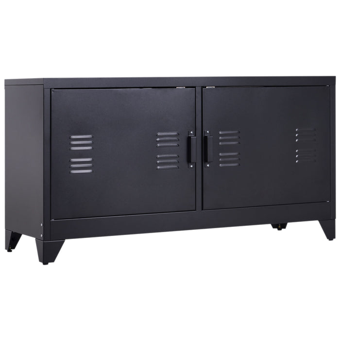 Industrial Media Console with Steel Shelf - TV Stand and Storage Center with Doors for DVDs and A/V Receivers - Sleek Black Design for Modern Homes