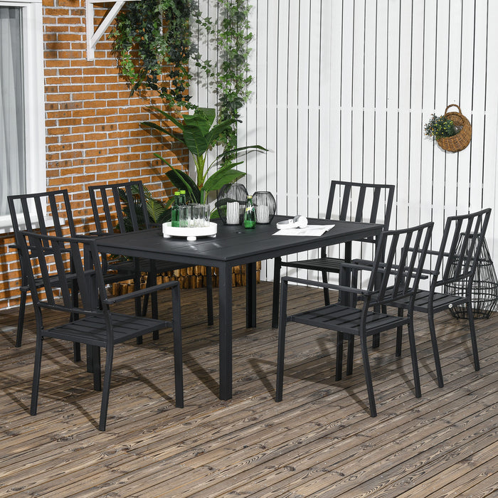 7-Piece Garden Dining Set - Outdoor Metal Table with Umbrella Hole & 6 Stackable Chairs - Ideal for Patio Dining and Entertaining