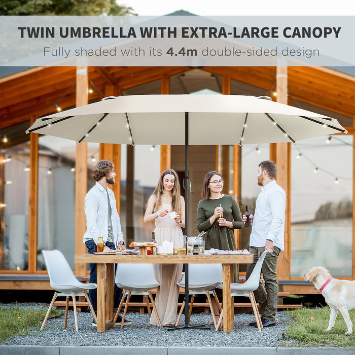 Double-Sided 4.4m Solar LED Garden Parasol - Cream White Patio Sun Shade Umbrella - Ideal for Outdoor Relaxation and Evening Gatherings