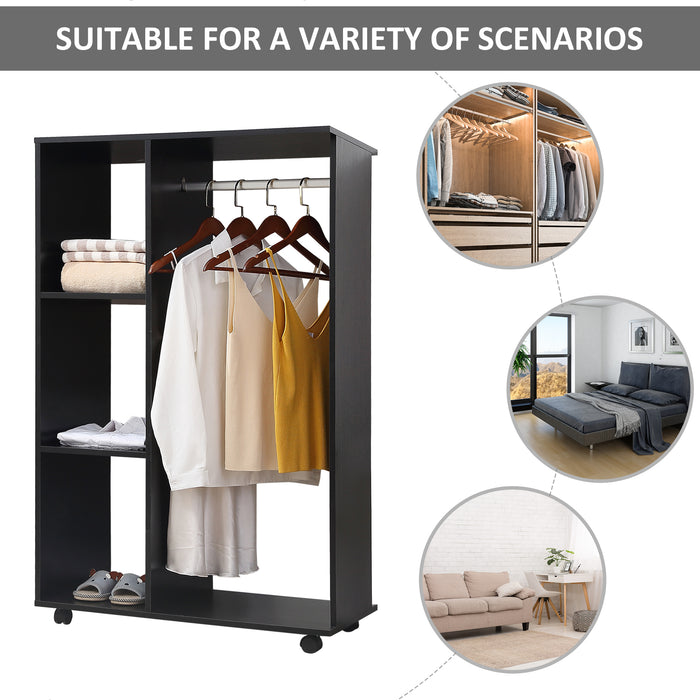 Rolling Open Wardrobe - Hanging Rail and Storage Shelves for Bedroom Organization - Perfect for Space-Saving & Easy Mobility in Black