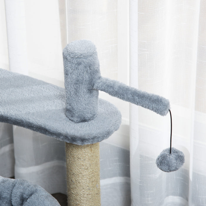 Cat Tree Tower with Condo Bed - Kitten Activity Center with Scratching Post, Perch & Ball Toy in Grey - Ideal for Playful Cats and Scratching Enrichment