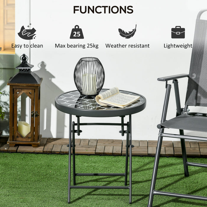 Round Folding Patio Side Table - Φ45cm Imitation Marble Glass Top, Durable Outdoor Coffee Table - Ideal for Garden, Balcony & Terraces