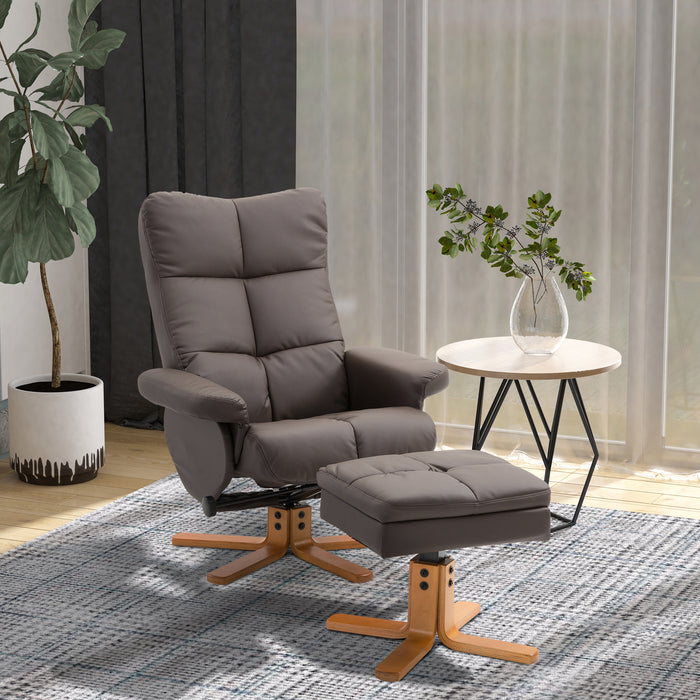 Luxury Faux Leather Recliner Chair with Swivel & Wooden Base - Brown Lounge Chair with Footstool and Storage - Perfect for Relaxing in the Living Room