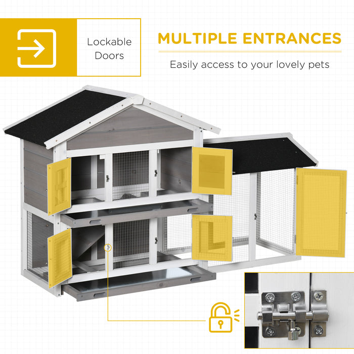 2 Tier Wooden Rabbit Hutch with Slide-Out Tray and Ramp - Spacious Guinea Pig Cage and Bunny Run for Small Animals - Ideal for Indoor and Outdoor Pet Shelter, 150x55x91cm, Grey