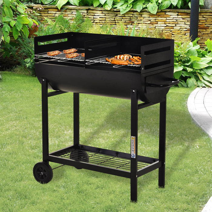 Black Charcoal BBQ Trolley with Dual Grill - Adjustable Heat-Resistant Grill Nets for Outdoors - Portable Garden Barbecue with Wheels for Easy Movement