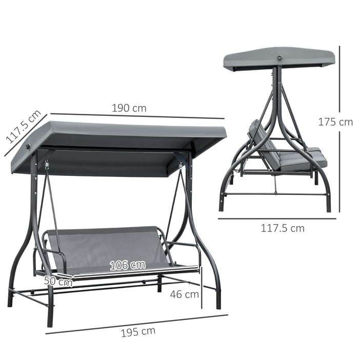 3-Seater Convertible Canopy Swing Chair - Garden Seating to Bed, Adjustable Top, Sturdy Metal Frame, in Dark Grey - Perfect Outdoor Lounger for Relaxation and Entertaining