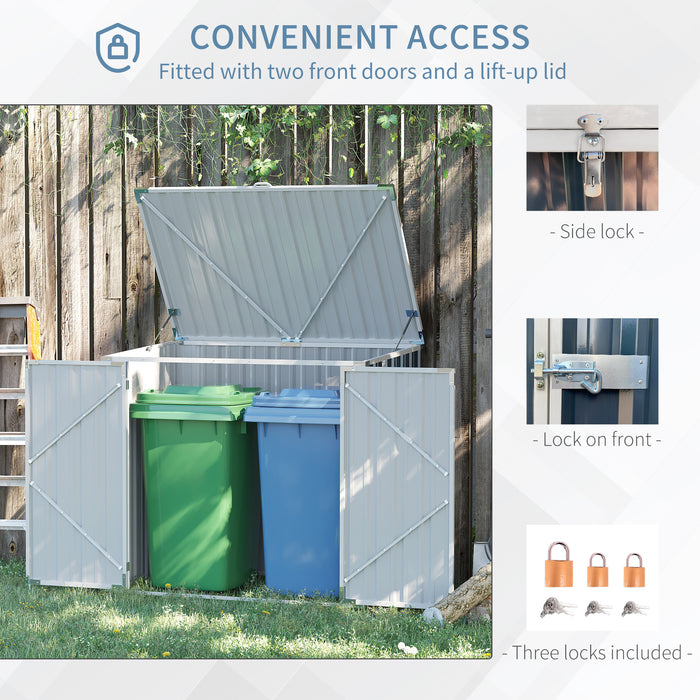 Steel Double Bin Storage Shed - 5ft x 3ft Garden Waste Organizer with Locking Doors, Openable Lid - Conceals Trash Cans, Secures Garbage