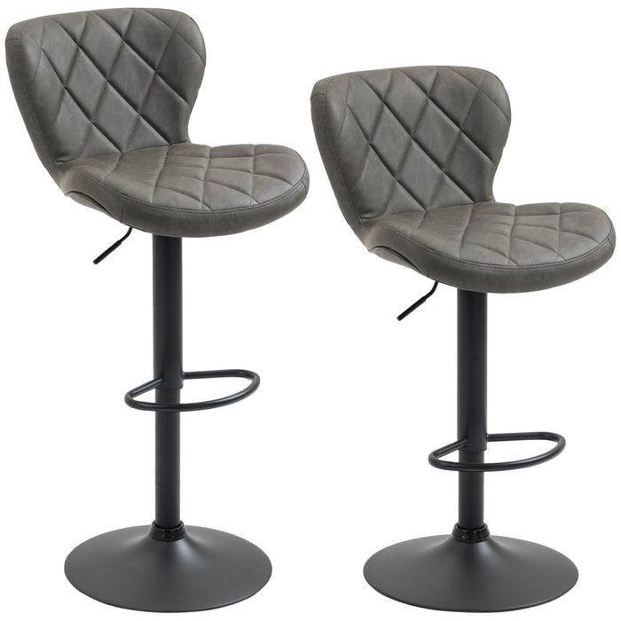 Adjustable Swivel Barstools Set of 2 - Dark Grey PU with Diamond Pattern, Backrest & Footrest, Steel Frame - Ideal for Kitchen Dining & Entertaining