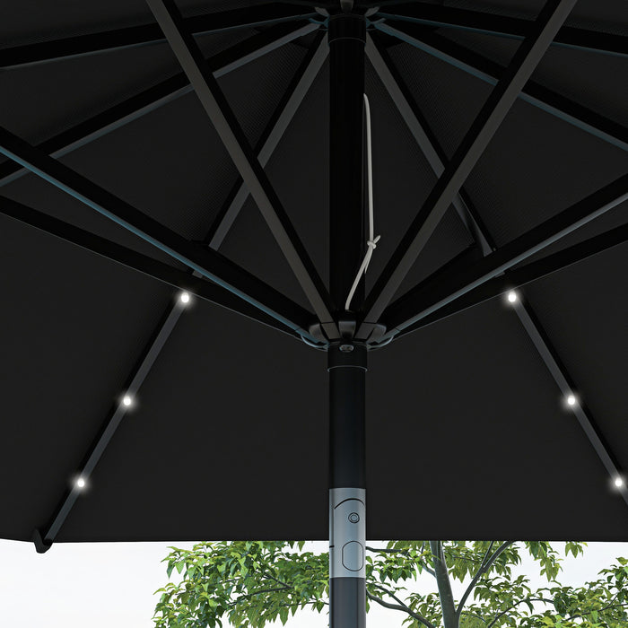 Outdoor Tilt Sun Umbrella with Solar-Powered LED Lights - Φ2.7m Garden Parasol, Hand Crank, 8 Ribs, Patio Sun Shade in Black - Ideal for Nighttime Entertainment & Daytime Relaxation