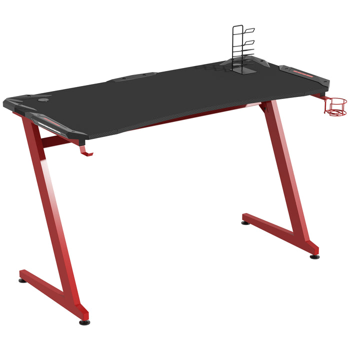 Ergonomic Gaming Desk with Accessories - Home Office Racer-Style Workstation with Headphone Hook and Cup Holder, 142x66x96cm - Ideal for Gamers and Remote Workers, Black and Red