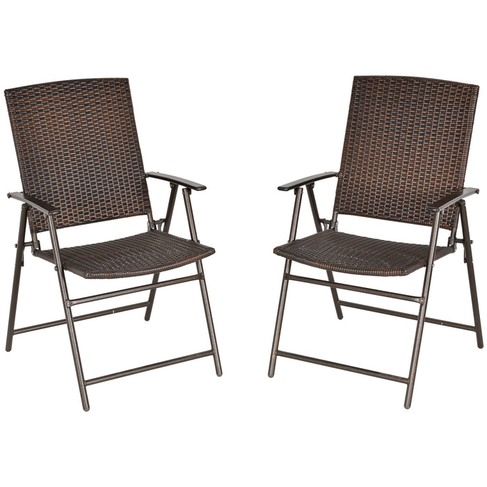 Folding Rattan Bistro Garden Chairs – Set of 2 with Armrests and Durable Steel Frame – Outdoor Seating Solution for Patio and Yard