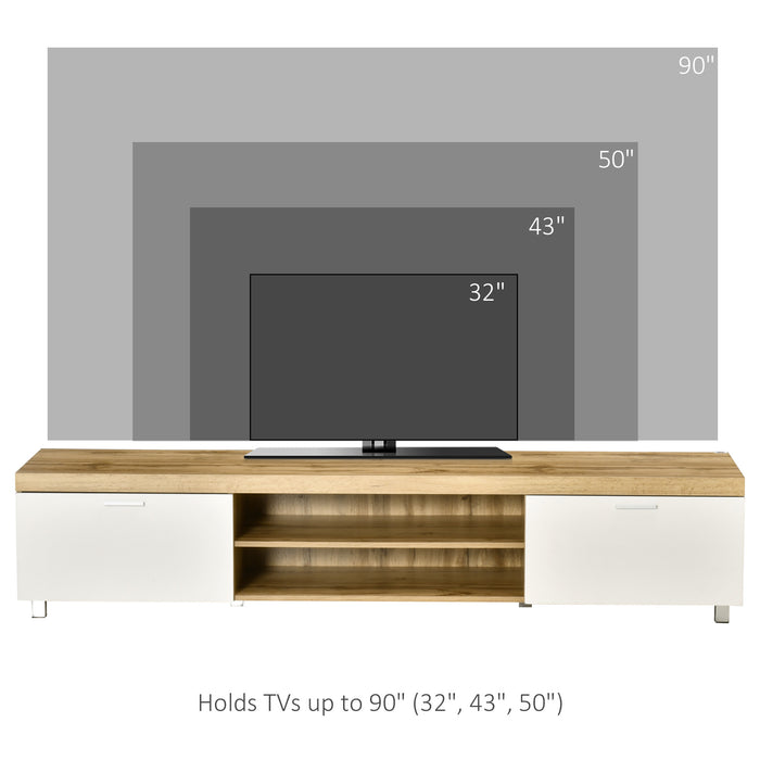 Modern 90-Inch TV Stand - Oak and White Entertainment Center with Storage Drawer and Shelving - Ideal for Living Room and Bedroom Media Organization