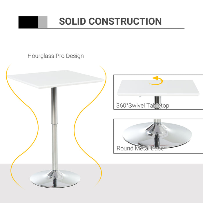 Adjustable Square Bar Table with Sturdy Metal Base - Height-Adaptable Counter Pub Desk for Dining, Entertaining - Ideal for Home Bar, Kitchen Spaces in White