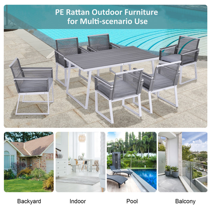 6-Seater Outdoor Rattan Dining Ensemble - PE Rattan Cushioned Chairs with Rectangular Table and Sturdy Box-Shaped Frame in Grey - Ideal for Patio & Garden Entertaining