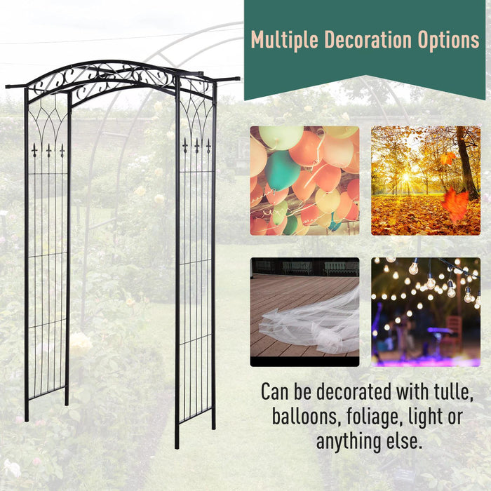 Outdoor Patio Trellis Arbor with Gate - Garden Decorative Metal Arch for Climbing Plants, Antique Black Finish - Ideal for Backyard Entryways and Flower Support, 108L x 45W x 215H cm