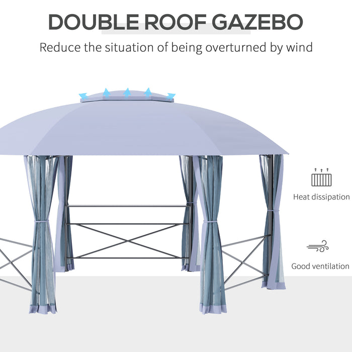 Hexagon Metal Gazebo Canopy 4x4.7m - Outdoor Patio Shelter with 2-Tier Roof and Netting, Steel Frame in Grey - Elegant Sun Shade for Garden Spaces