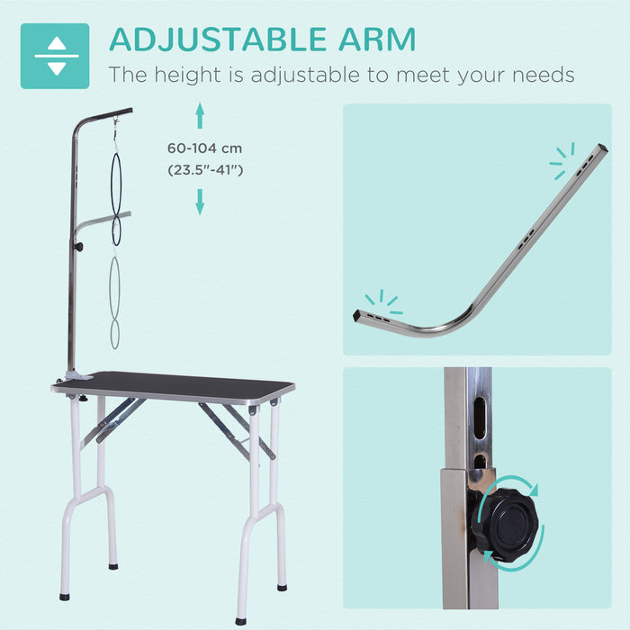 Adjustable Pet Grooming Table - Small Dog Folding Station with Grooming Arm, 30KG Capacity - Compact and Portable Grooming Surface for Home or Professional Use