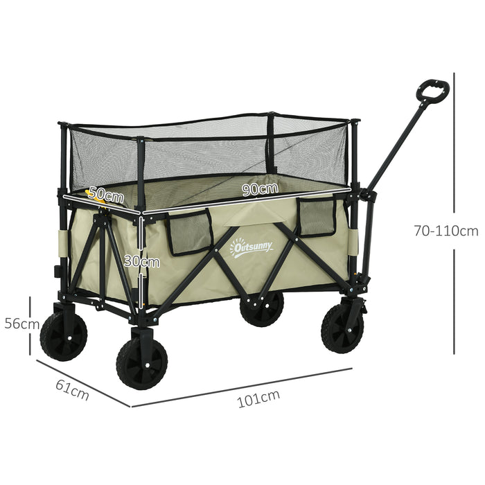 Folding Garden Trolley Wagon - 180L Capacity, Extendable Side Walls, Multipurpose Cart, Khaki - Ideal for Beach, Camping, Festivals