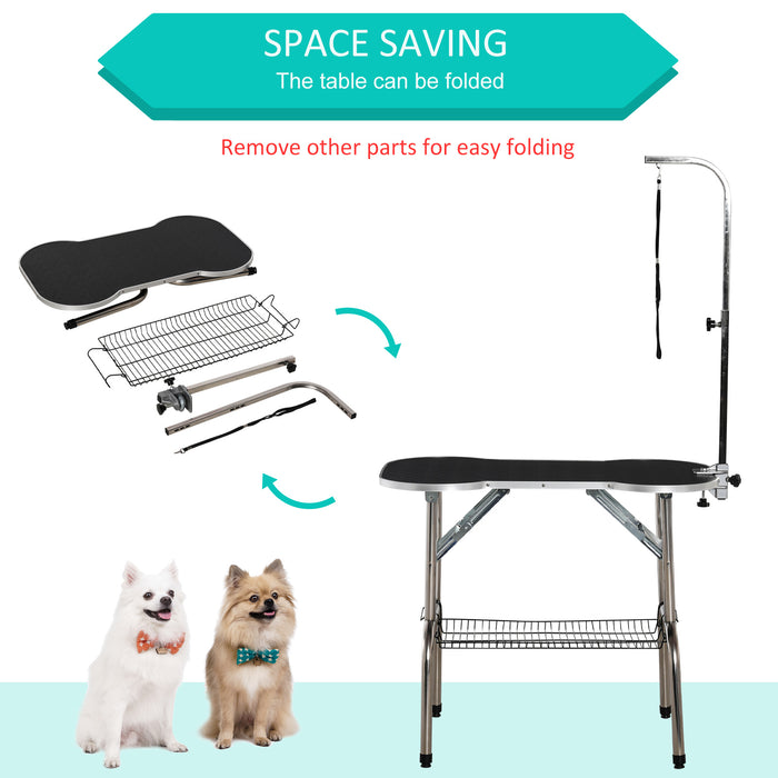 Foldable Pet Grooming & Drying Table with Adjustable Arm - Non-Slip Rubber Top, Aluminum Alloy Edge, Stainless Steel Bar - Ideal for Dog Groomers and Home Use