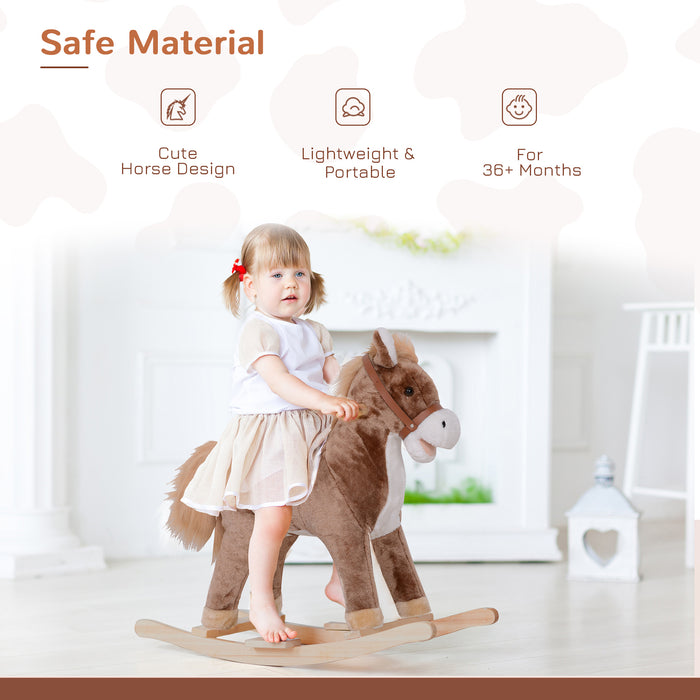 Plush Brown & White Rocking Horse for Kids - Soft Toy Ride with Sturdy Wood Base - Classic Children’s Nursery Decor and Playroom Entertainment