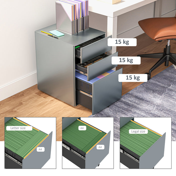 Steel Rolling Filing Cabinet with Lockable 3 Drawers - Designed for A4, Letter, Legal File Storage - Secure Organizer for Office Documents