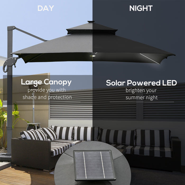 Cantilever Roma Parasol with LED Solar Light - 3x3m Outdoor Sun Umbrella with 360° Rotation and Cross Base - Ideal for Patio, Backyard in Dark Gray