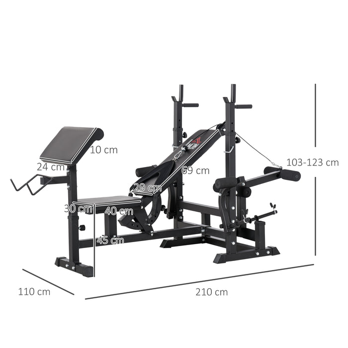 Multi-Exercise Workout Station - Full-Body Weight Rack, Bench Press, Leg Extension, Chest Fly, Resistance Band, Preacher Curl - Ideal for Home Gym and Fitness Enthusiasts