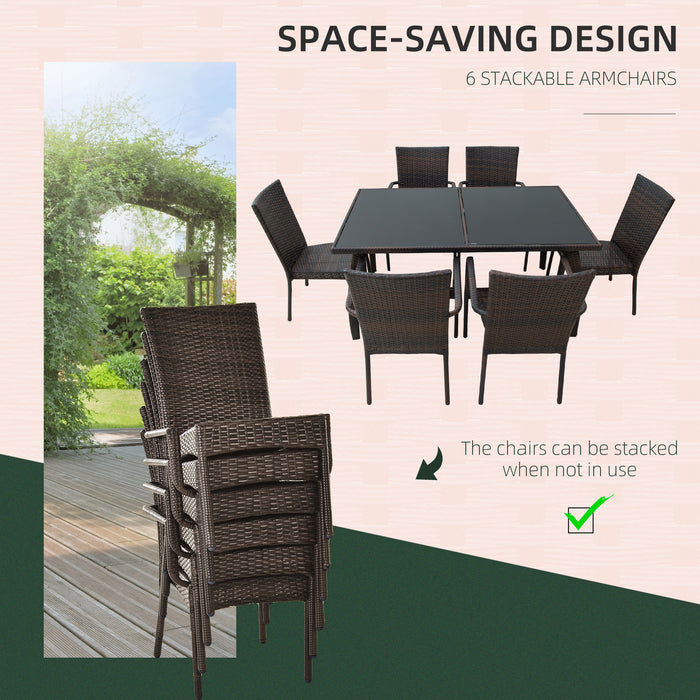 6-Seater Rattan Dining Set - Wicker Weave Chairs with Tempered Glass Top Table for Outdoor & Garden - Elegant Patio Furniture for Family and Entertaining