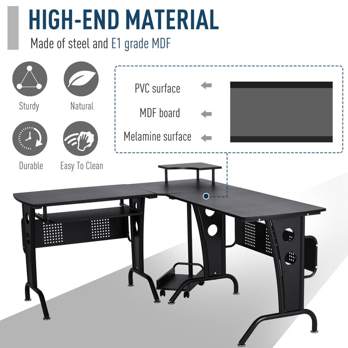 L-Shaped Gaming Desk with CPU Stand and Keyboard Tray - Sturdy Steel Frame & Melamine Coated Workstation - Ideal for Home Office Gamers and Space Efficiency