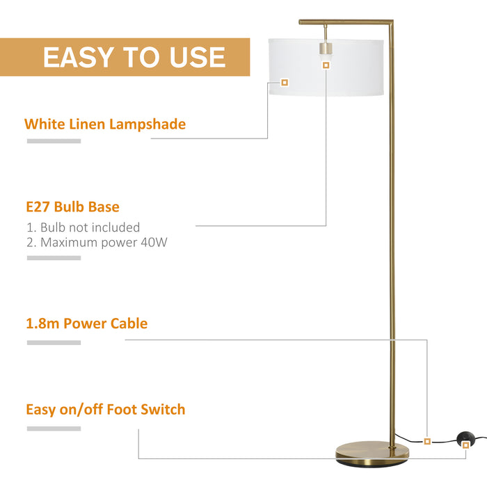 Modern Gold Standing Floor Lamp with White Linen Shade - Elegant Illumination for Living Spaces, Round Base Design - Ideal for Living Room, Bedroom, Dining Room Ambiance