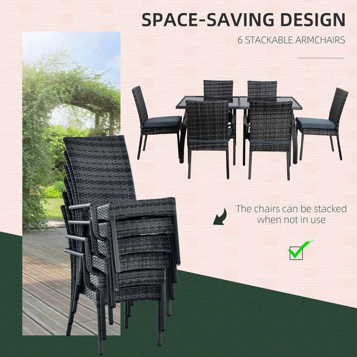 6-Seater Garden Dining Set - PE Rattan Wicker with Steel Frame, Large Glass Top Table & Curved Legs - Thick Cushions & Feet Pads, Outdoor Entertaining, Grey