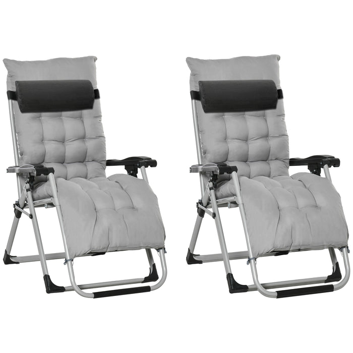 Reclining Zero Gravity Chair Set - 2-Piece Folding Sun Lounger with Cushion and Headrest in Light Grey - Comfortable Outdoor Relaxation for Garden and Patio