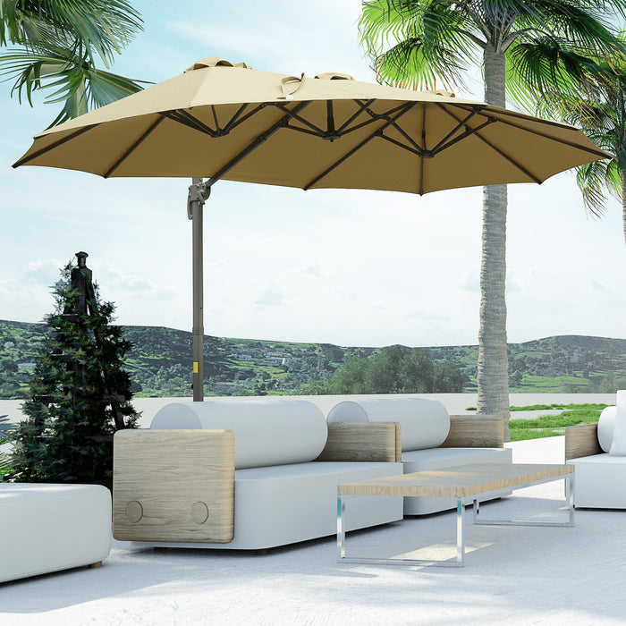 Large Double-Sided Patio Parasol 4.5m - Outdoor Rectangular Umbrella with Crank Handle and 360° Rotating Base, Khaki - Ideal Sunshade for Garden, Deck, and Bench Areas